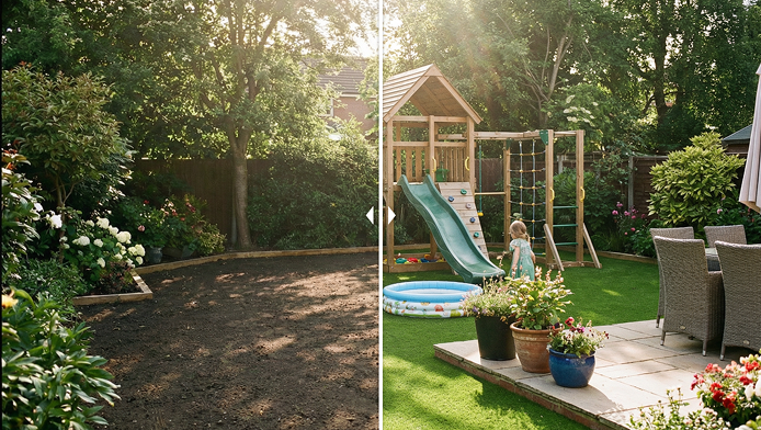 jardin avant après gazon synthétique aire de jeux enfants