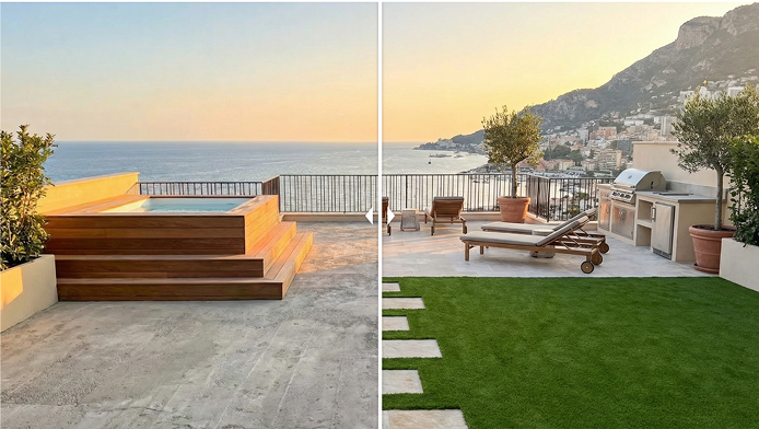 terrasse avant après gazon synthétique vue mer rénovation extérieur