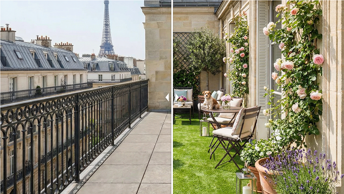 balcon avant après gazon synthétique transformation terrasse urbaine