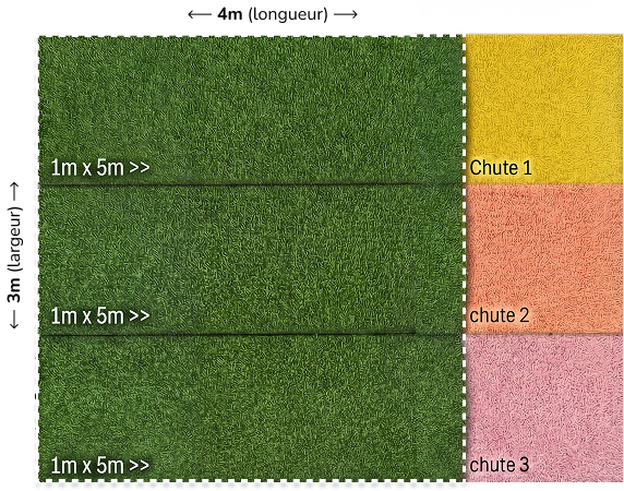 plan de découpe gazon synthétique 3x4m avec gestion des chutes et optimisation des lés