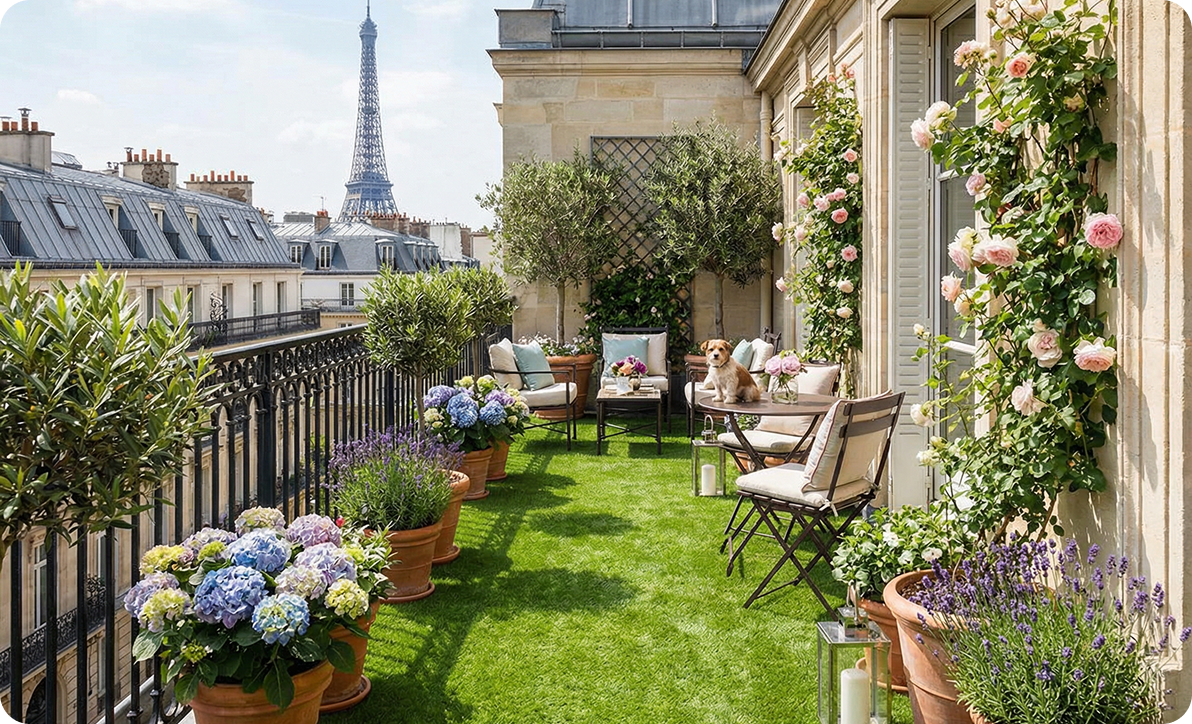 gazon synthétique sur balcon terrasse végétalisée avec vue sur Paris