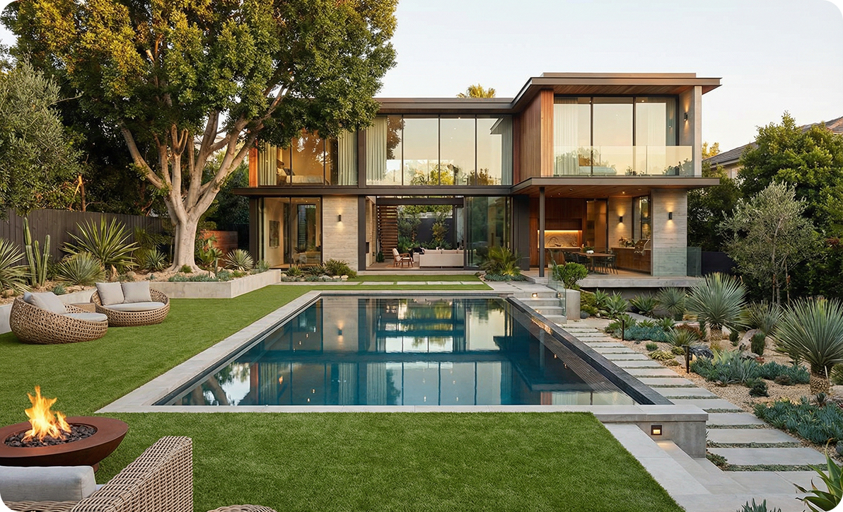 gazon synthétique autour d’une piscine dans un jardin moderne paysager
